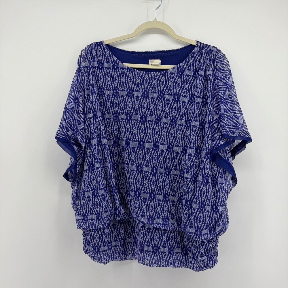 Chico's Womens 3 / XL Blue Geometric Dolman Blouse Sheer Mesh Lined Blouson‎ Top